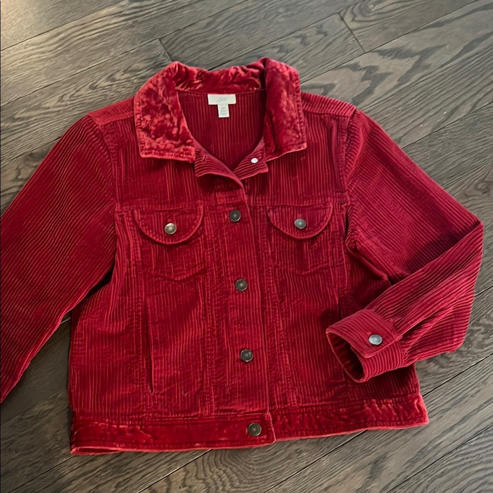 J. Jill Jacket SP Cherry Red Wide Wale Corduroy Crush Velvet Collar Cuffs Waist
